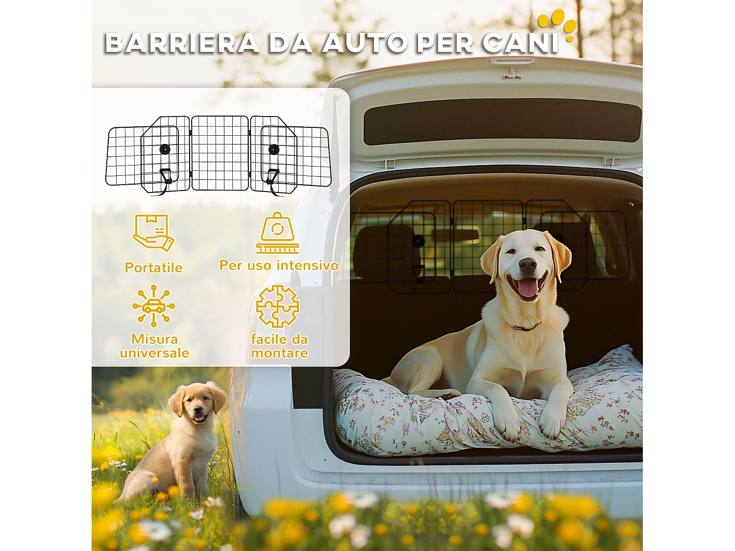 Griglia divisoria auto per cani regolabile e pieghevole 93-150x42cm