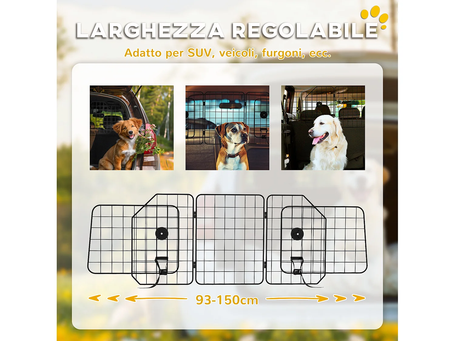 Griglia divisoria auto per cani regolabile e pieghevole 93-150x42cm