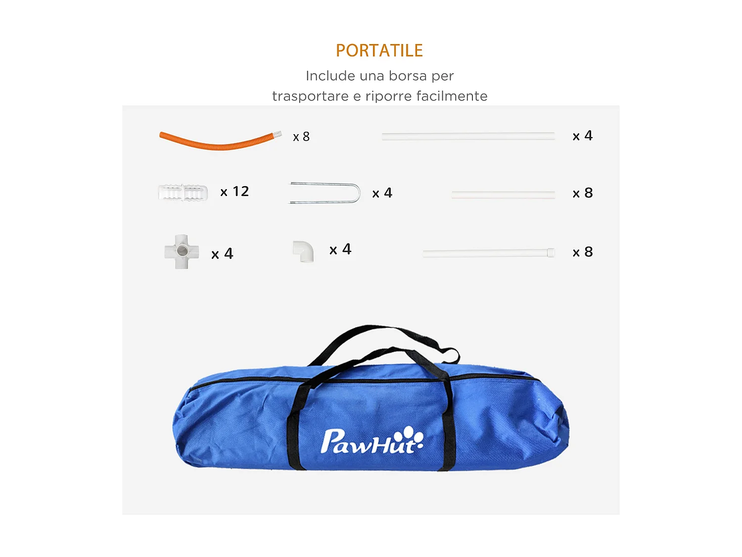 Set agility dog 4pz con 4 picchetti e borsa da trasporto bianco arancione