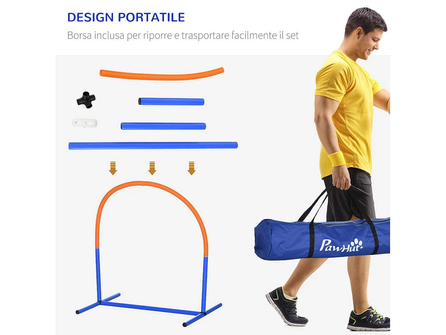 Set agility dog con 4 archi e borsa da trasporto blu e arancione