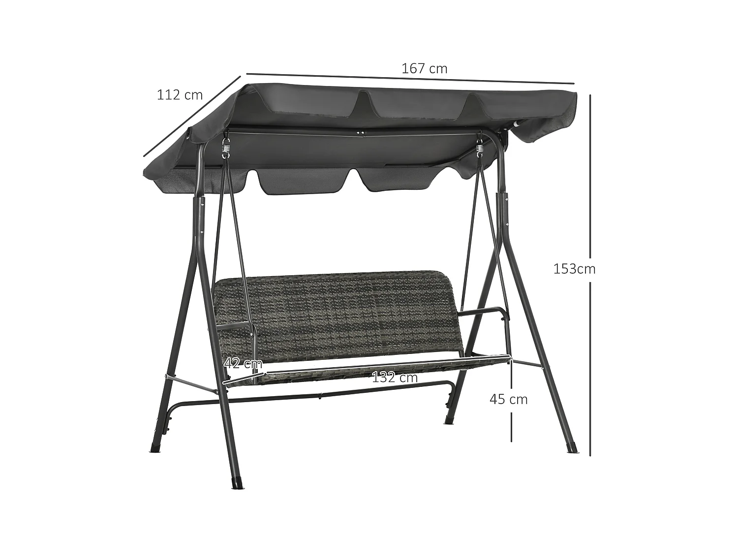 Dondolo da giardino 3 posti rattan pe e tettuccio regolabile grigio