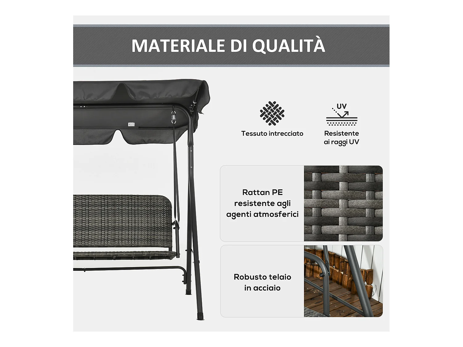 Dondolo da giardino 3 posti rattan pe e tettuccio regolabile grigio