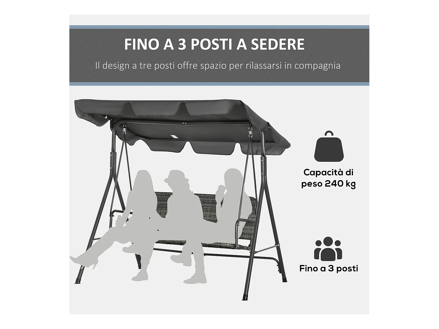 Dondolo da giardino 3 posti rattan pe e tettuccio regolabile grigio