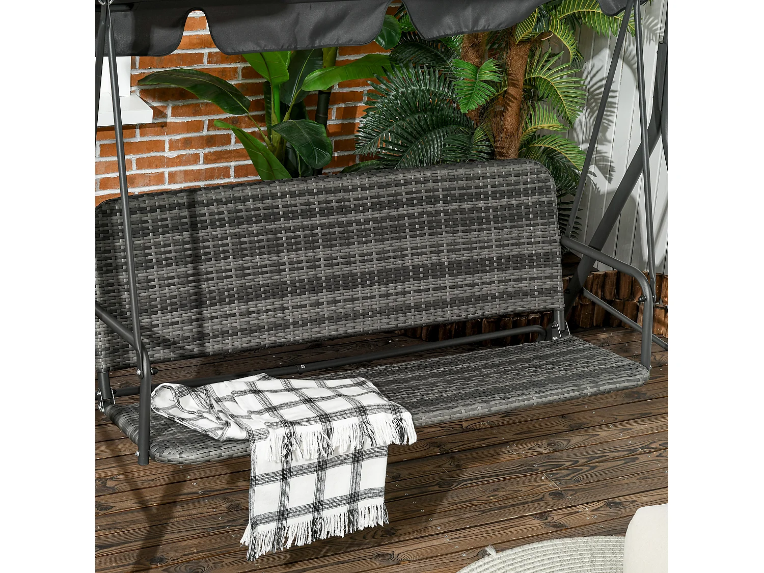 Dondolo da giardino 3 posti rattan pe e tettuccio regolabile grigio