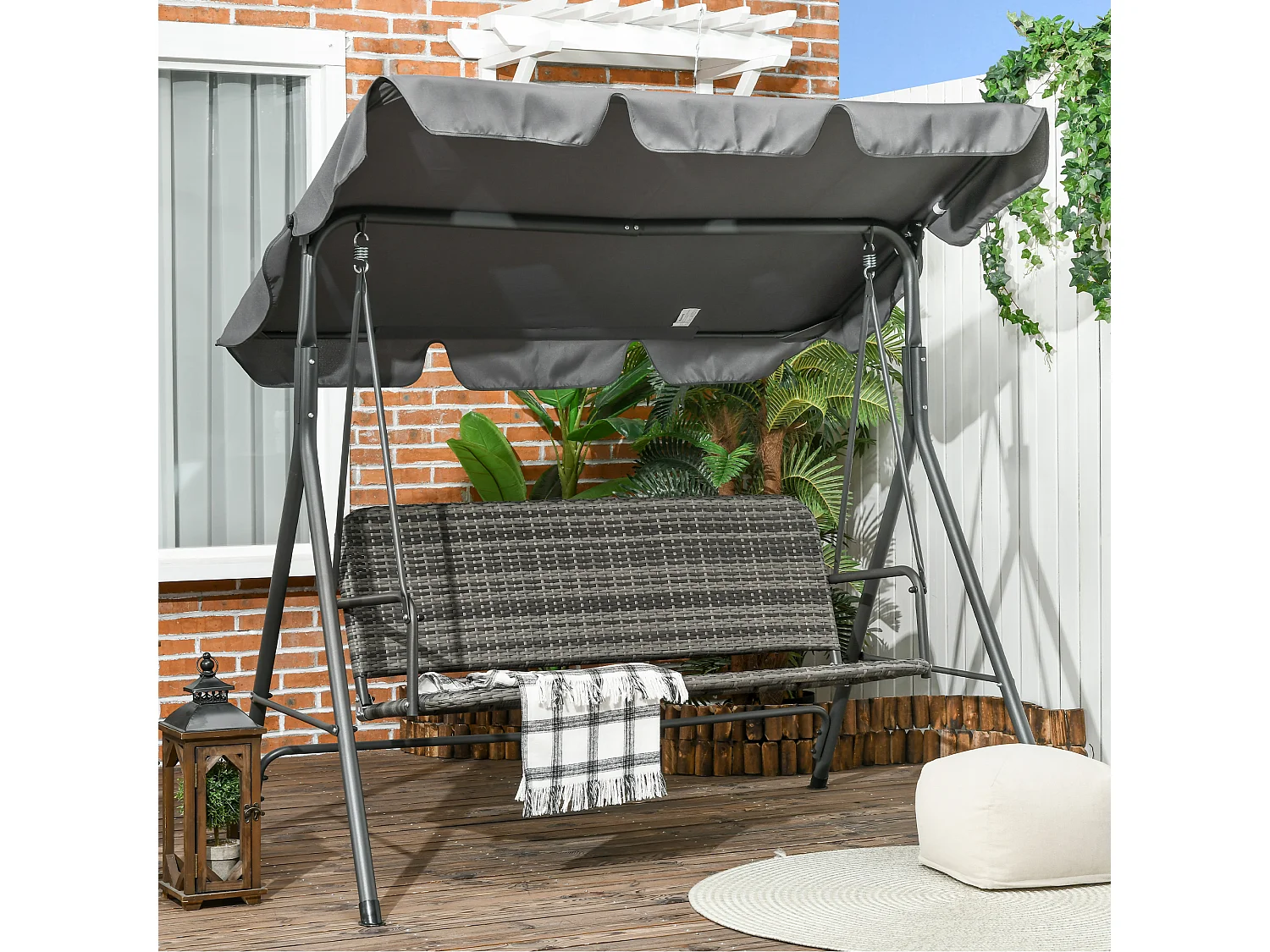 Dondolo da giardino 3 posti rattan pe e tettuccio regolabile grigio