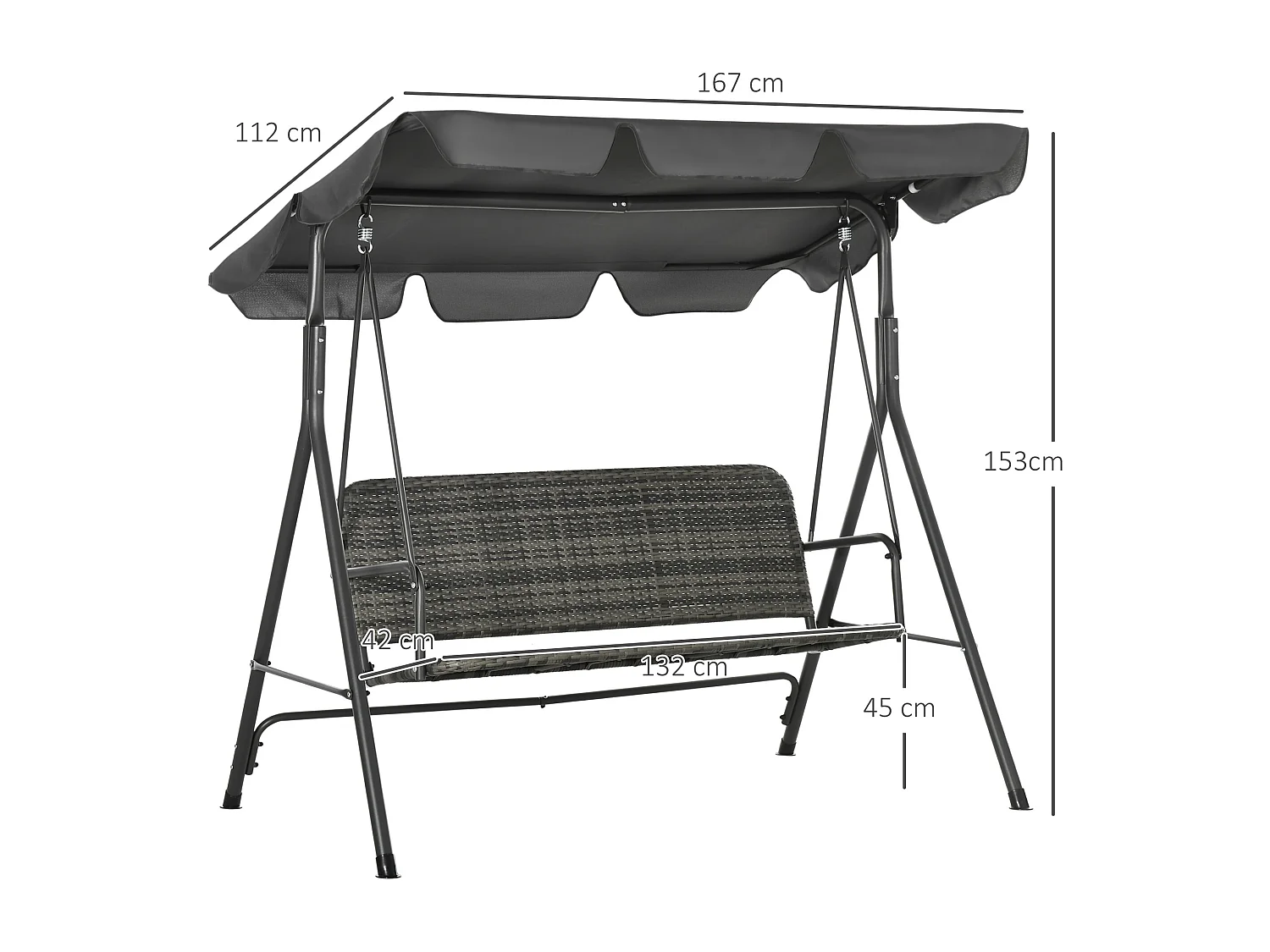 Dondolo da giardino 3 posti rattan pe e tettuccio regolabile grigio