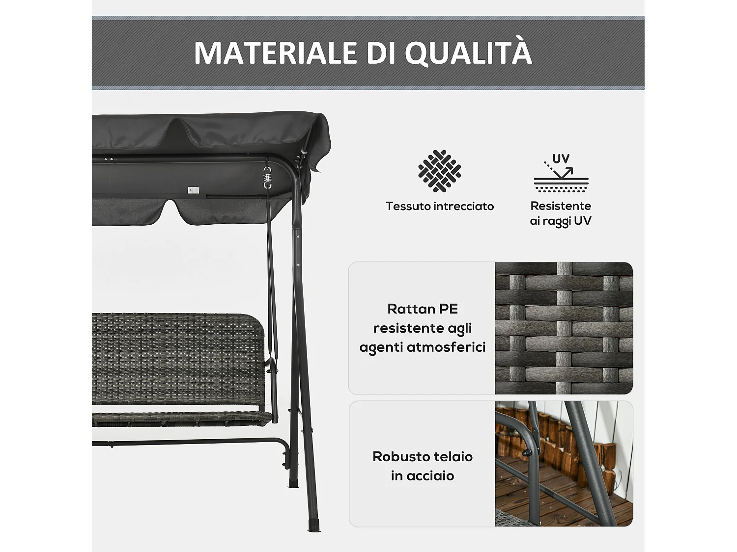 Dondolo da giardino 3 posti rattan pe e tettuccio regolabile grigio