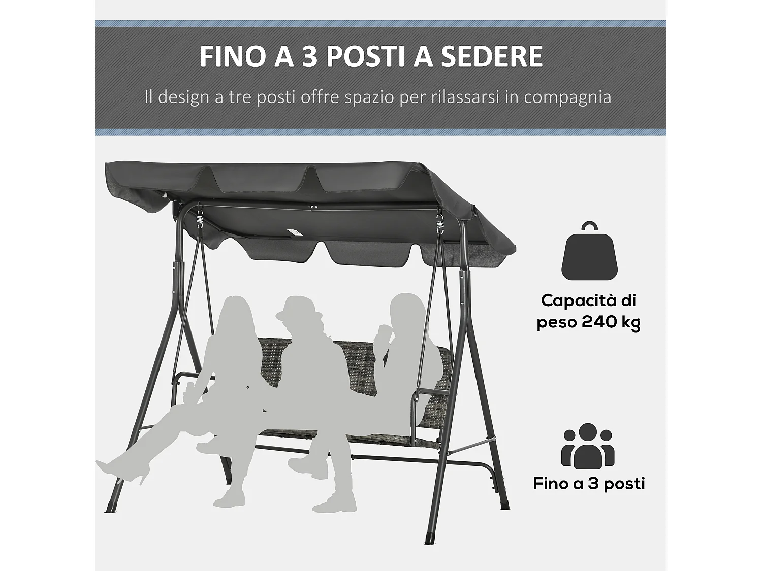 Dondolo da giardino 3 posti rattan pe e tettuccio regolabile grigio