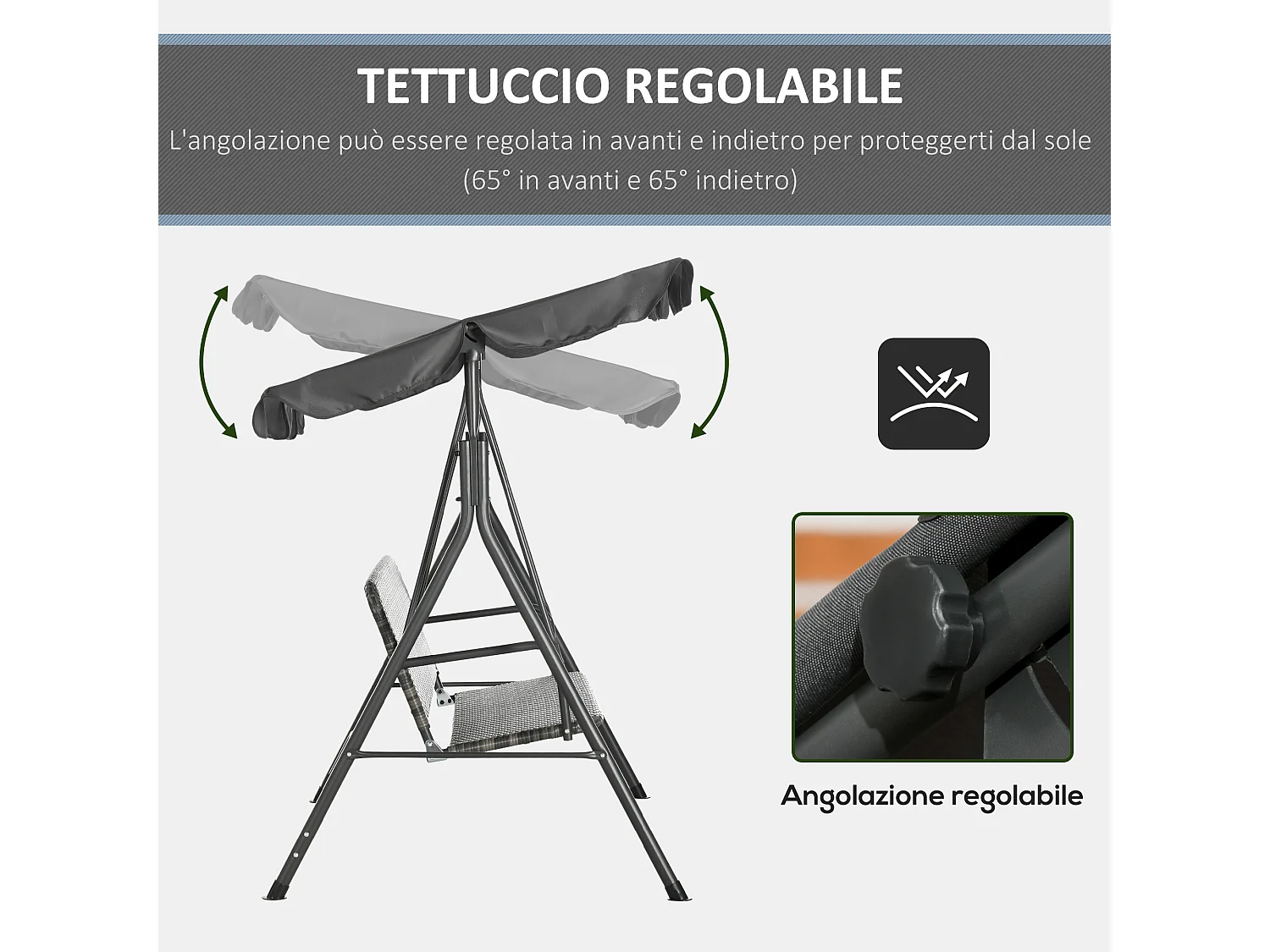 Dondolo da giardino 3 posti rattan pe e tettuccio regolabile grigio