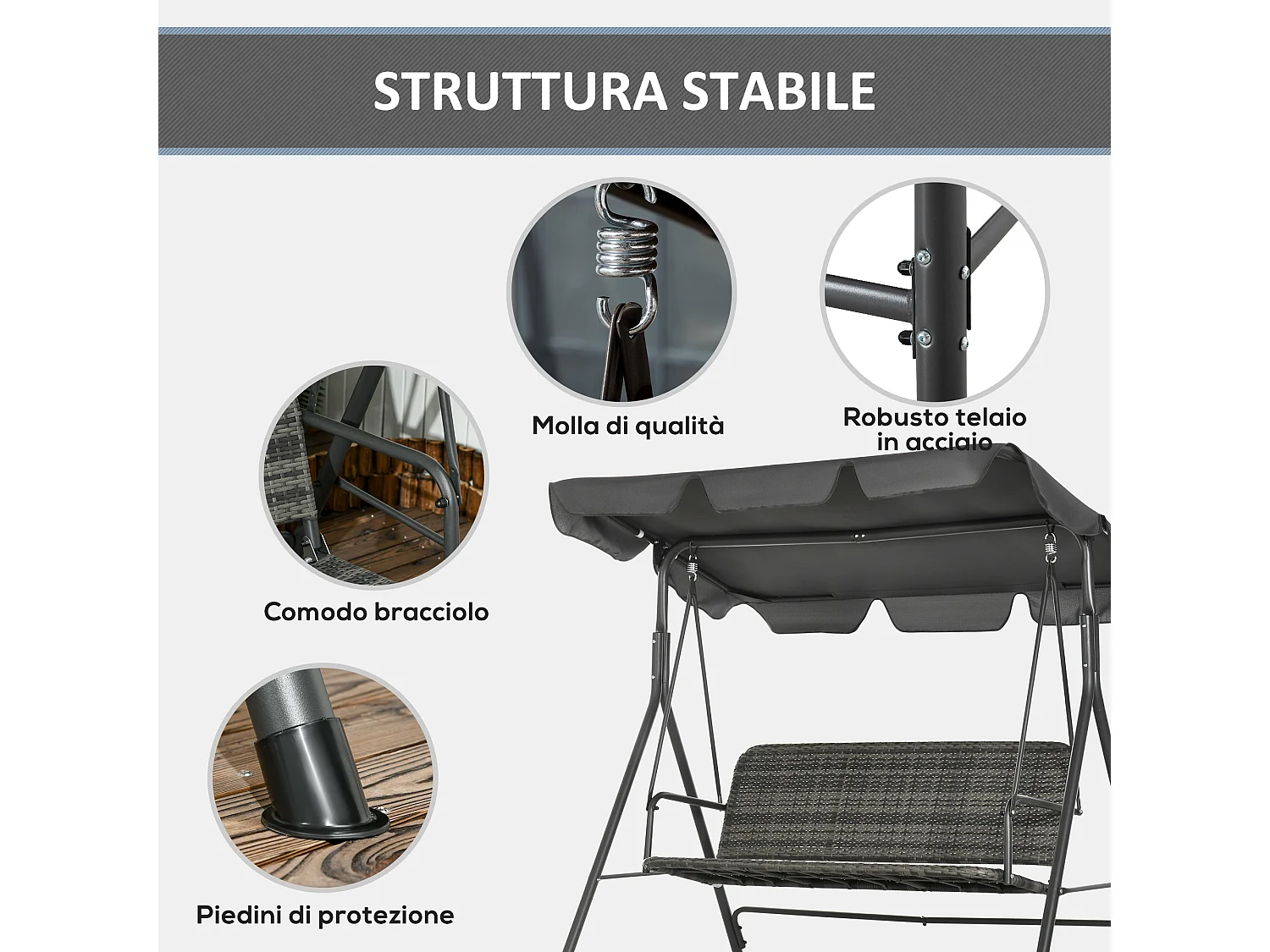 Dondolo da giardino 3 posti rattan pe e tettuccio regolabile grigio