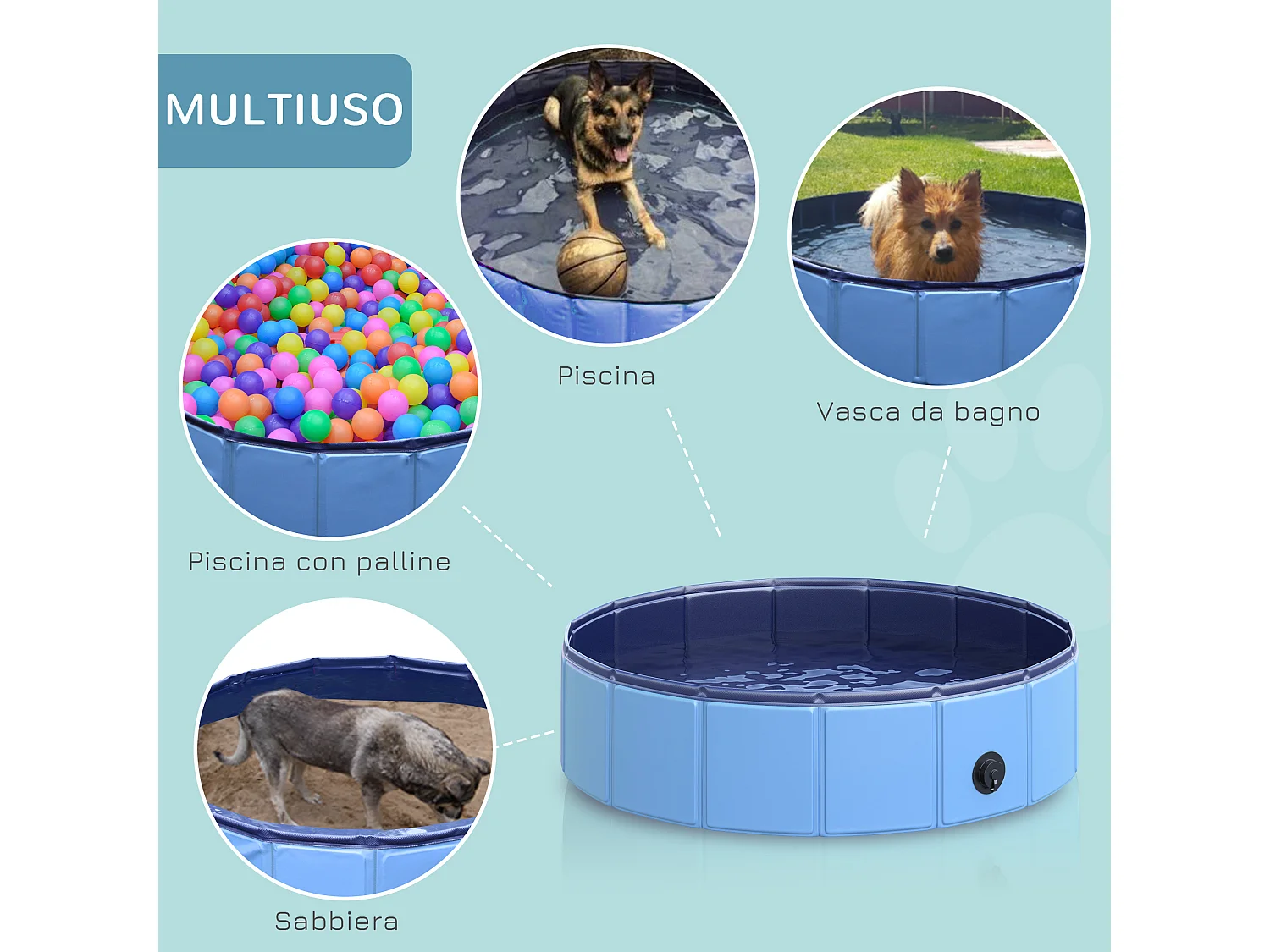 Piscina per cani in plastica pieghevole bordo rinforzato con 15 pannelli