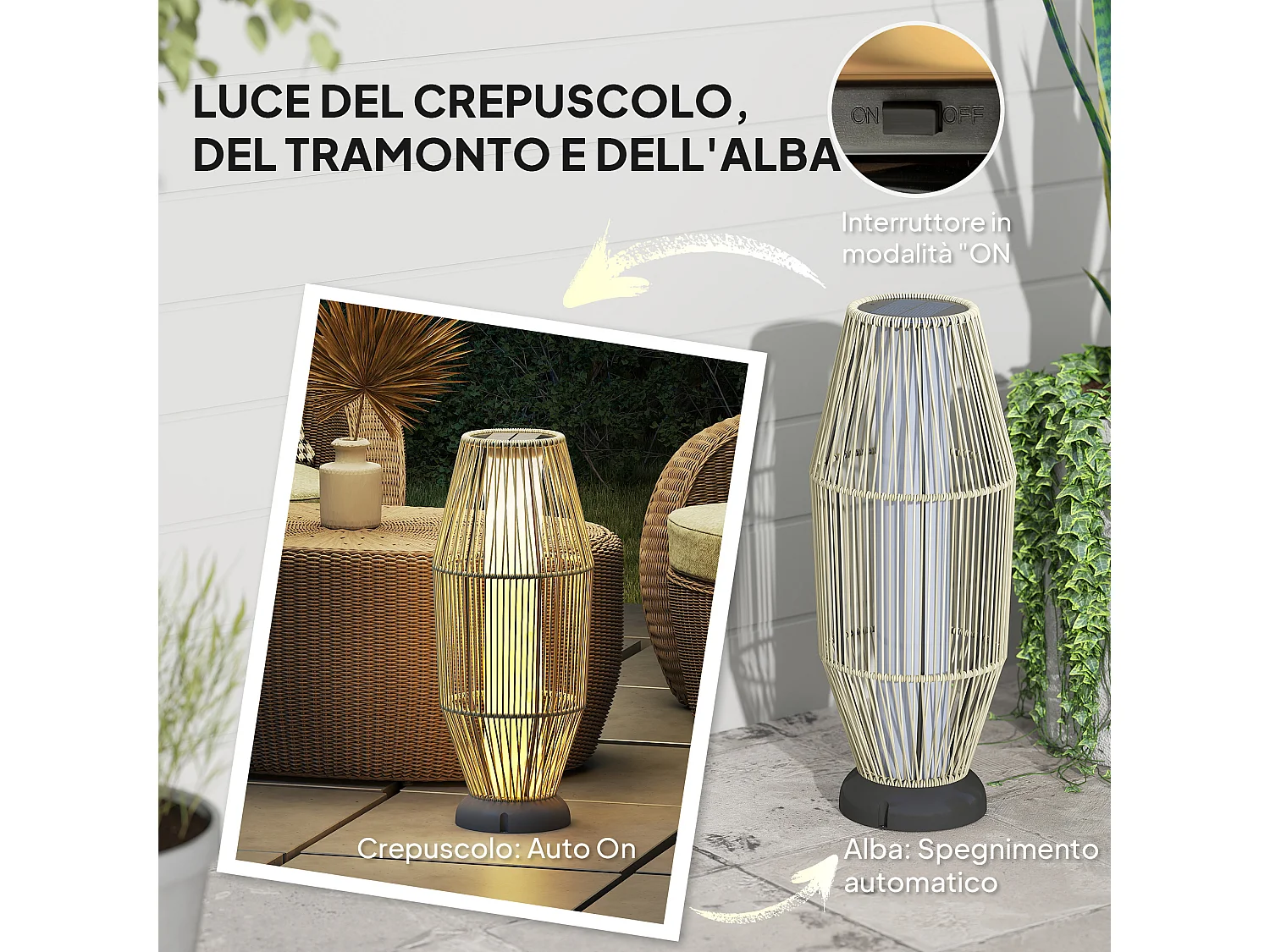 Lampada solare da giardino con illuminazione led in rattan grigio