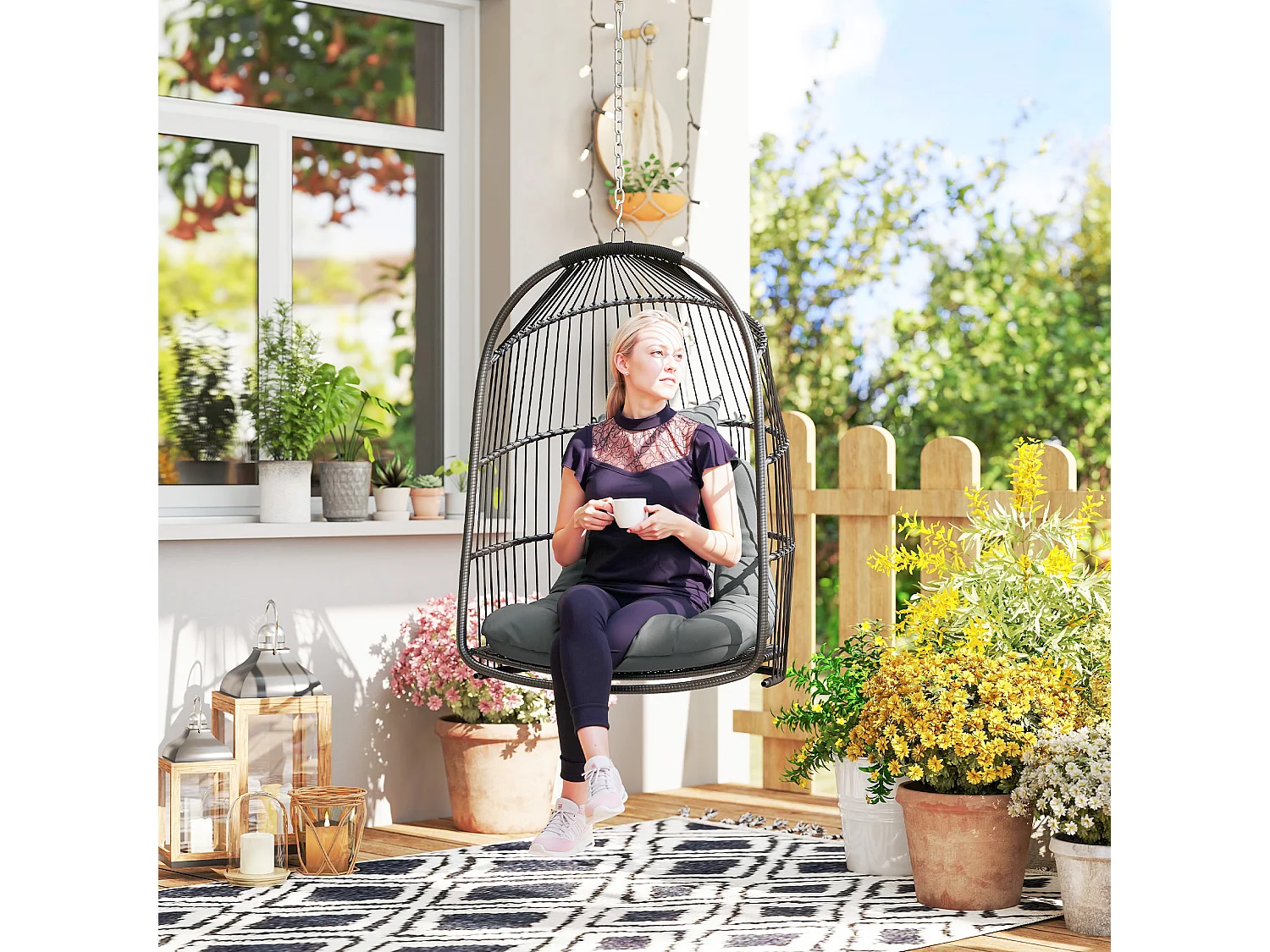 Sedia sospesa pieghevole con cuscino e poggiatesta grigio scuro