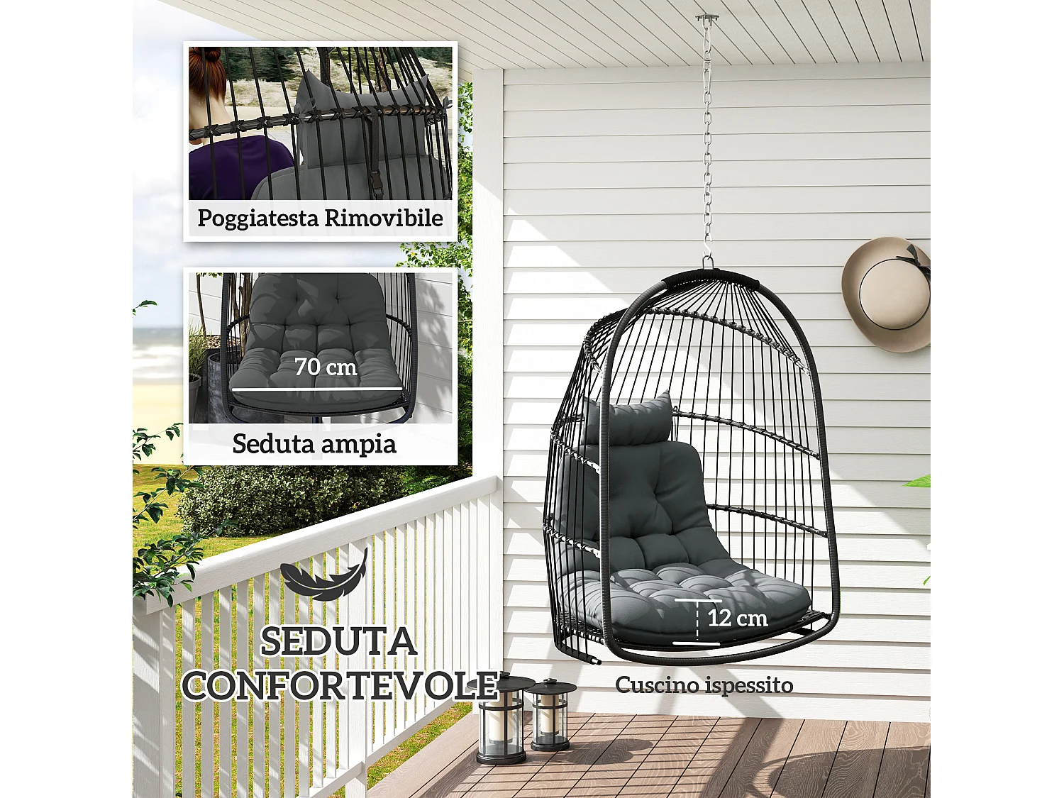 Sedia sospesa pieghevole con cuscino e poggiatesta grigio scuro