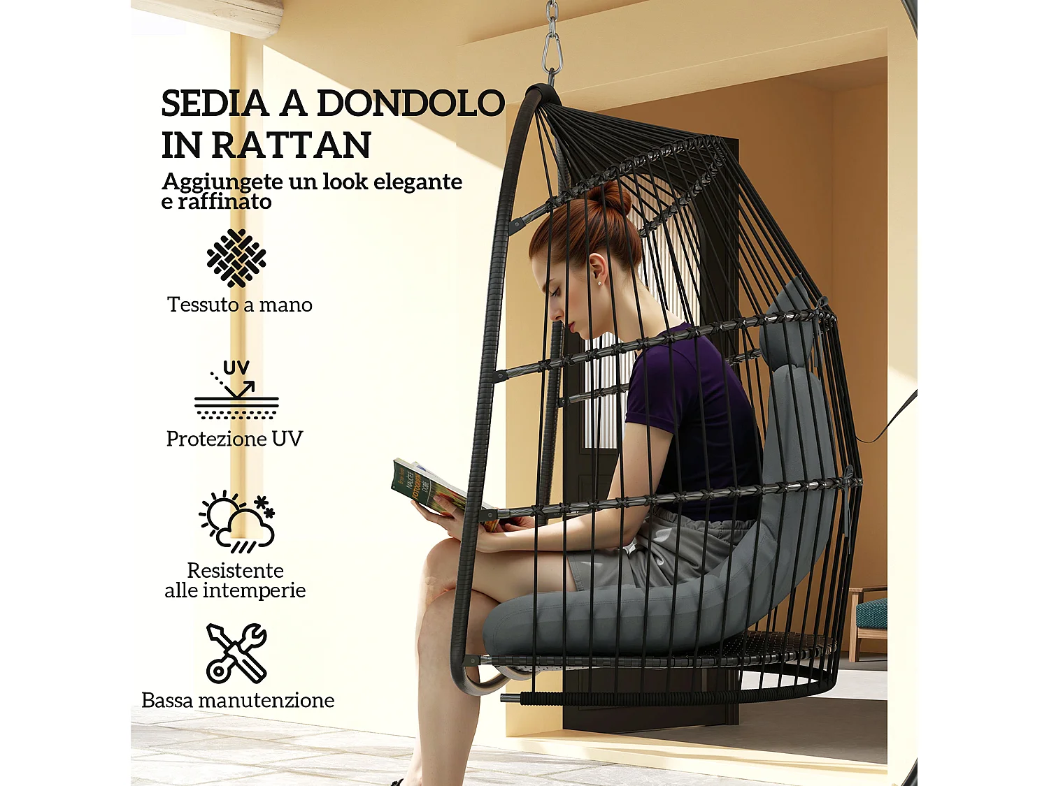 Sedia sospesa pieghevole con cuscino e poggiatesta grigio scuro