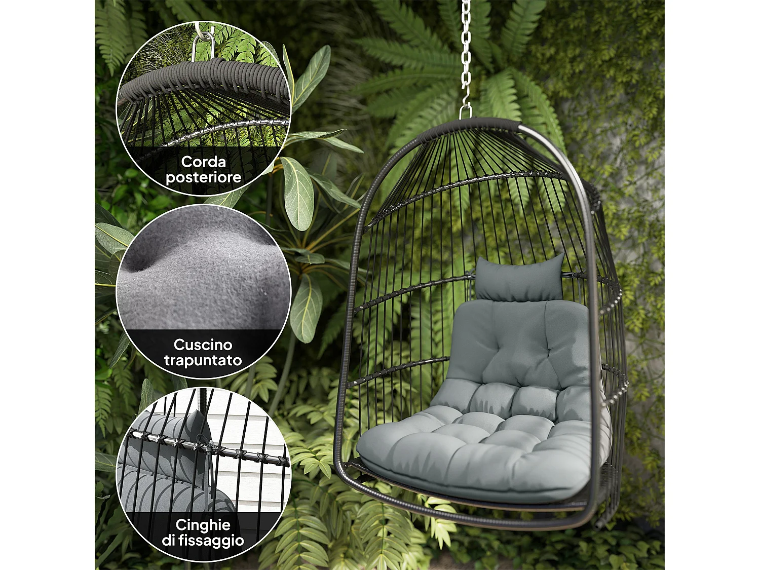 Sedia sospesa pieghevole con cuscino e poggiatesta grigio scuro