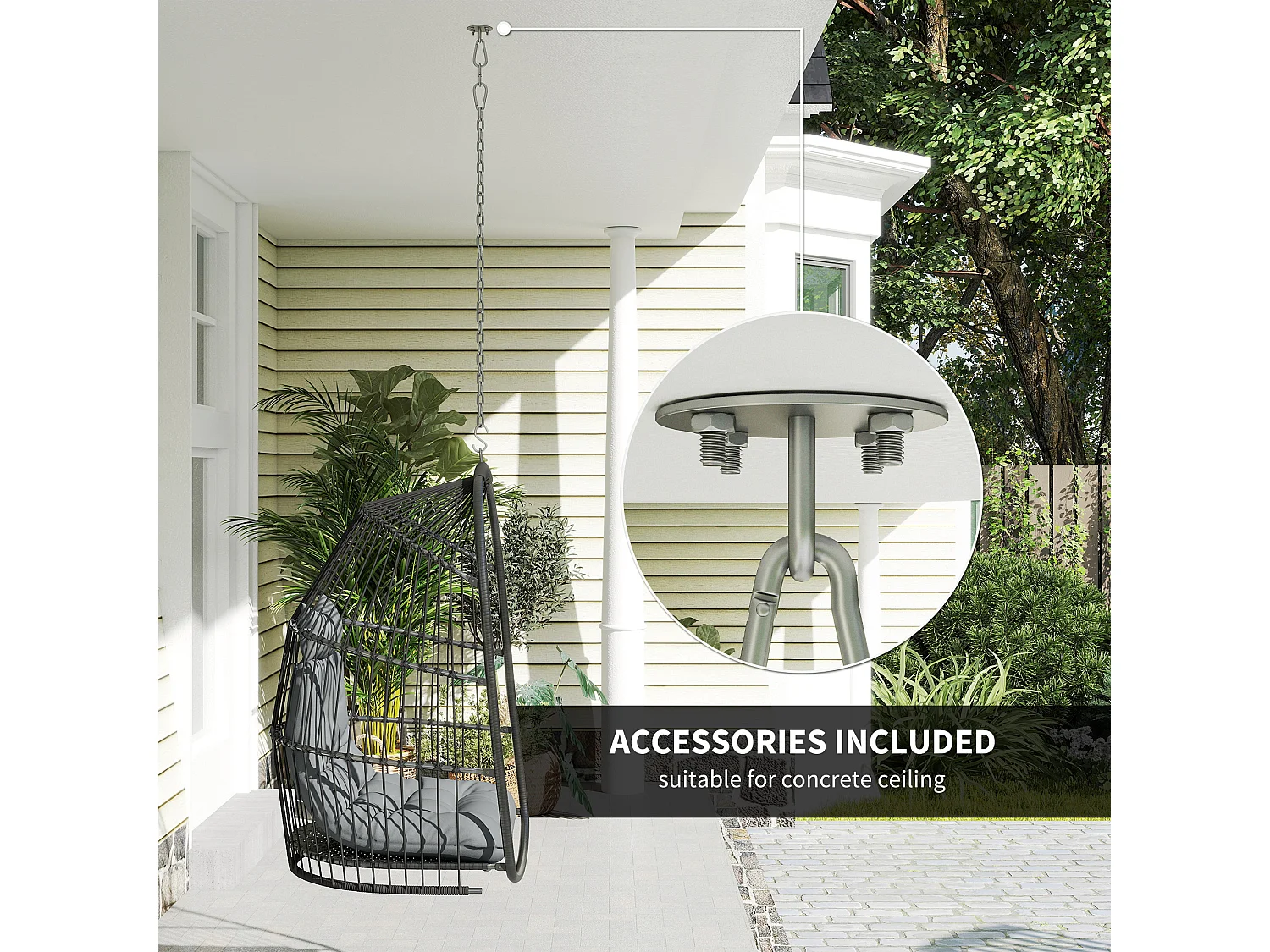 Sedia sospesa pieghevole con cuscino e poggiatesta grigio scuro