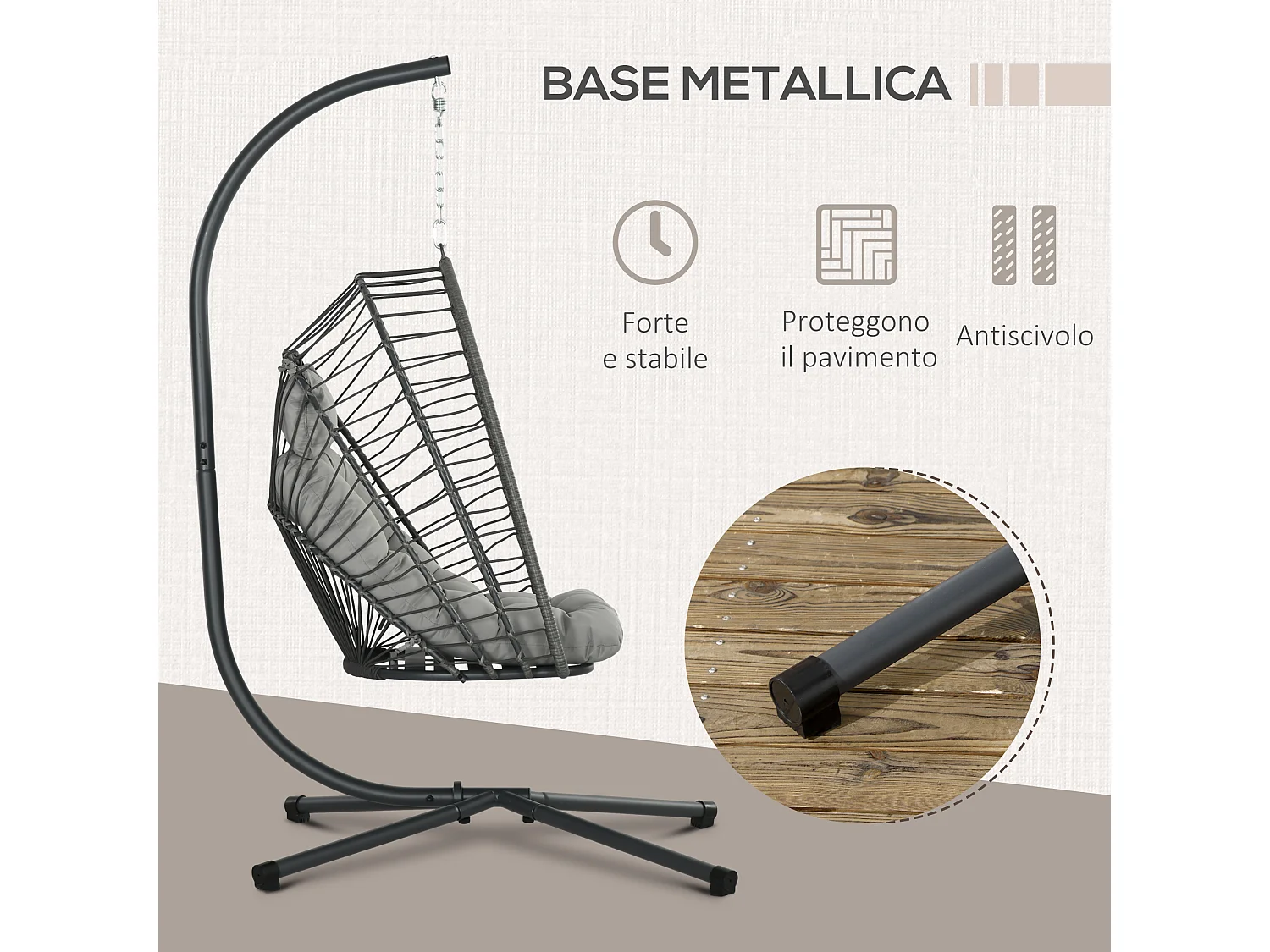 Poltrona sospesa rattan pe con cuscino e seduta pieghevole grigio