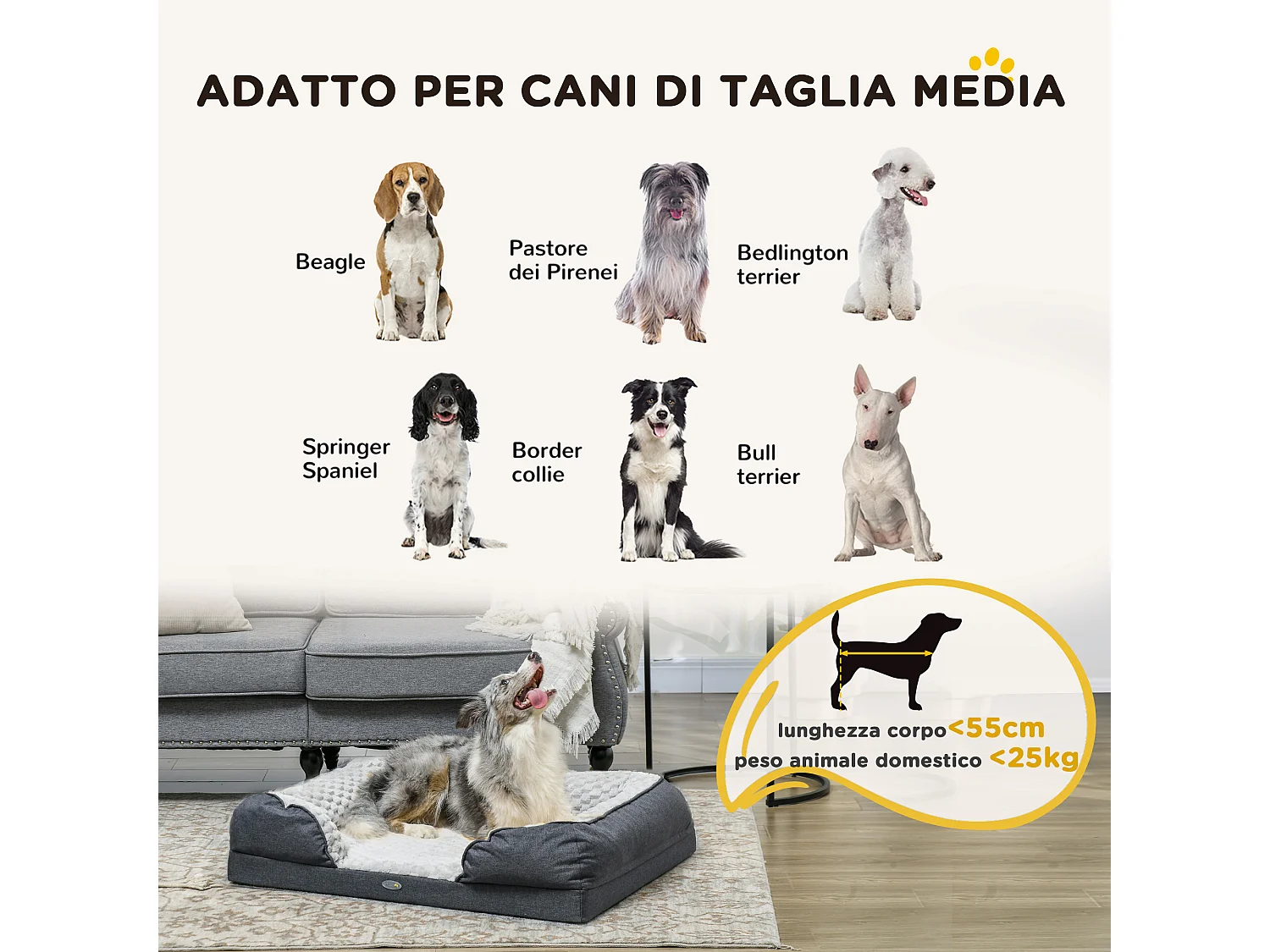 Letto per cani taglia media imbottito con cuscino rimovibile grigio