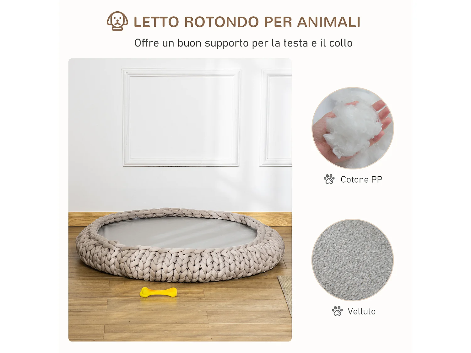 Cuccia per cani e gatti rotonda rialzata e lavabile con cuscino vellutato
