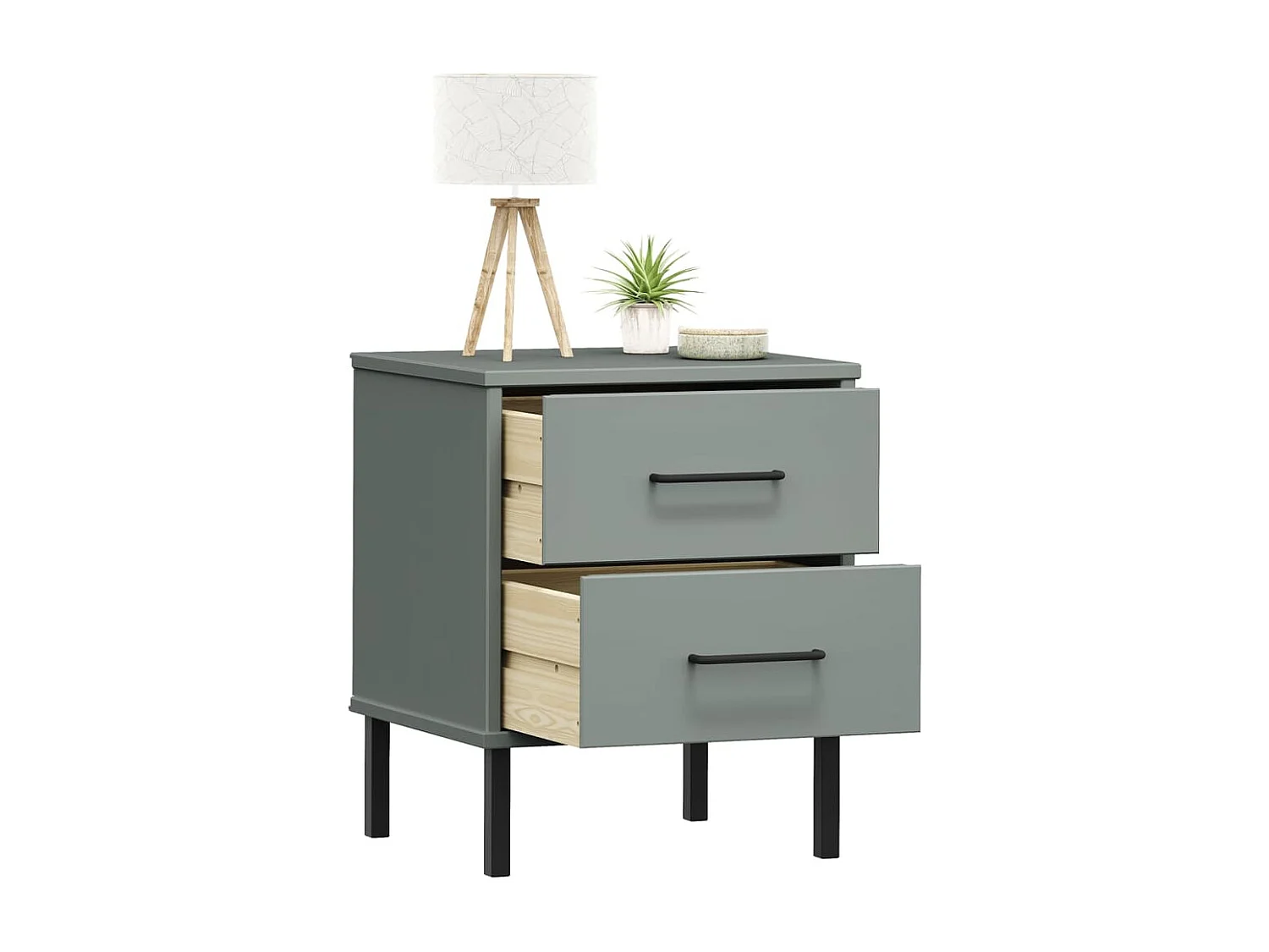 Tyren  Comodino con Gambe in Metallo Grigio Legno Massello Pino OSLO