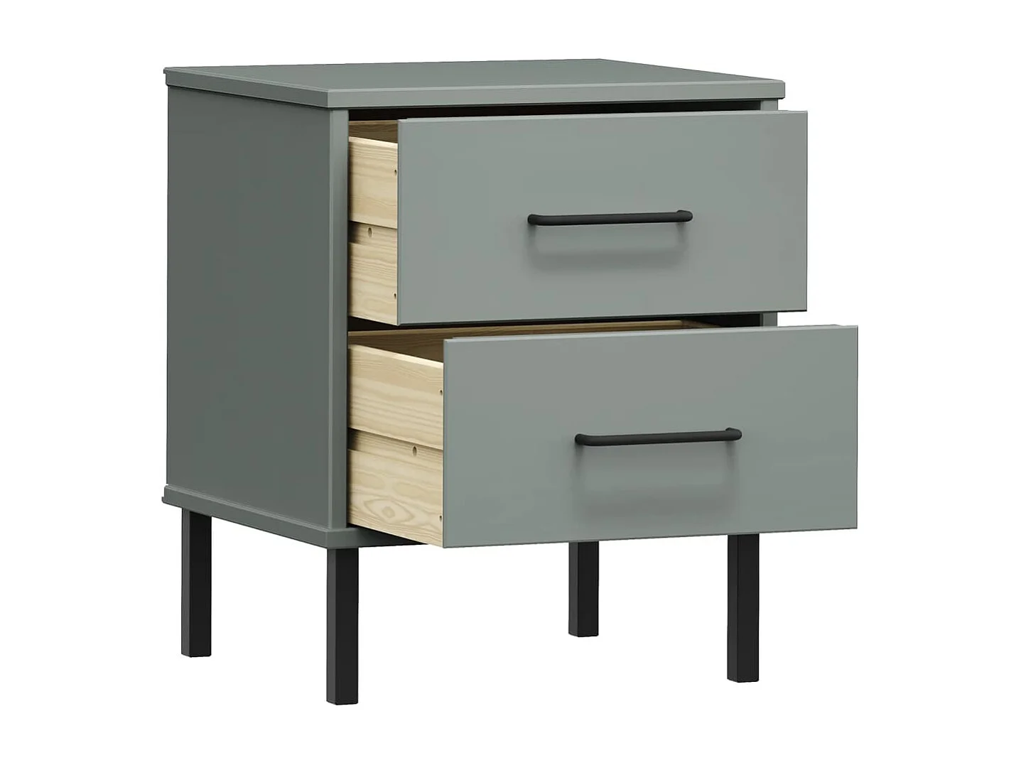 Tyren  Comodino con Gambe in Metallo Grigio Legno Massello Pino OSLO