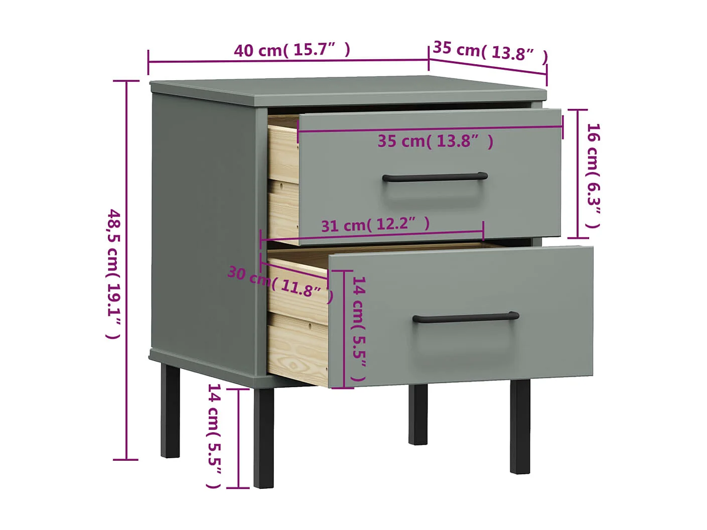 Tyren  Comodino con Gambe in Metallo Grigio Legno Massello Pino OSLO