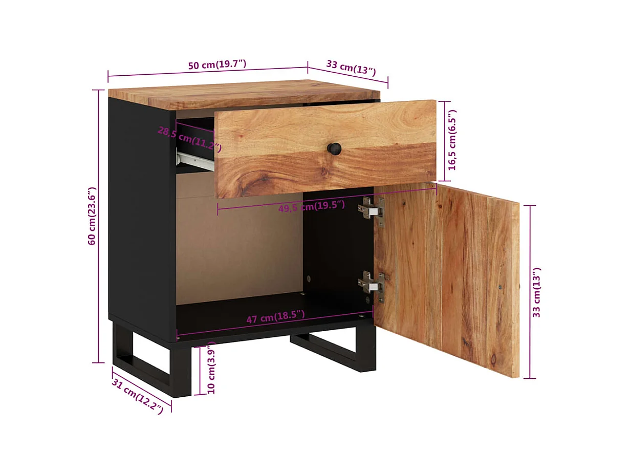 Runar  Table de chevet 50x33x60cm Bois d'acacia solide et d'ingénierie