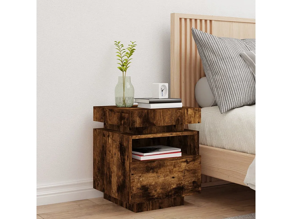 Josane  Armoire de chevet avec lumières LED chêne fumé 40x39x48,5 cm