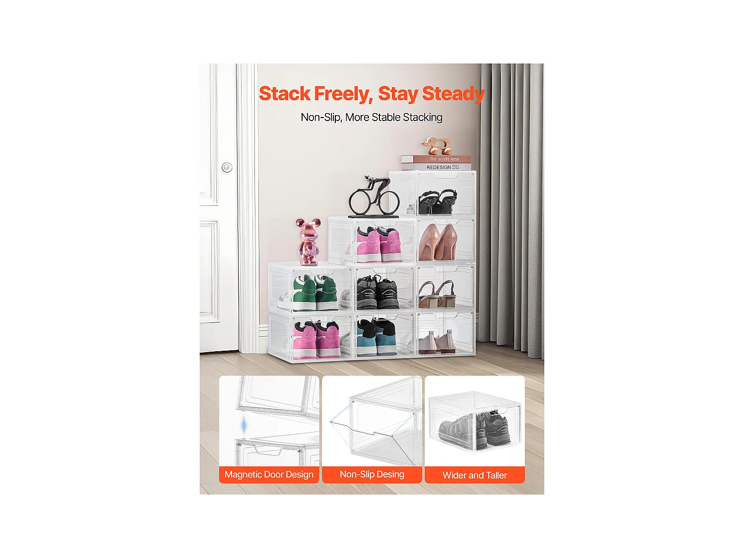 Boîtes à Chaussures Empilables SucceBuy, Lot de 9, Rangement Chaussures jusqu’à la Pointure US 13, en Plastique, pour Ranger Bottes, Blanc Transparent