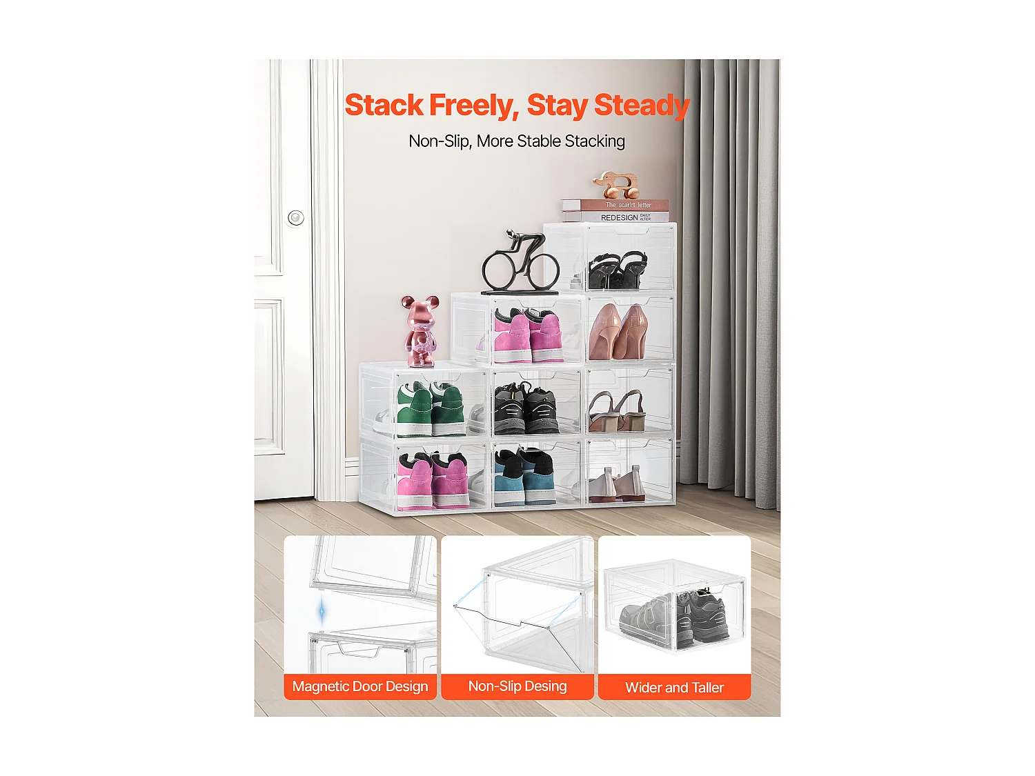 Boîtes à Chaussures Empilables SucceBuy, Lot de 9, Rangement Chaussures jusqu’à la Pointure US 13, en Plastique, pour Ranger Bottes, Blanc Transparent