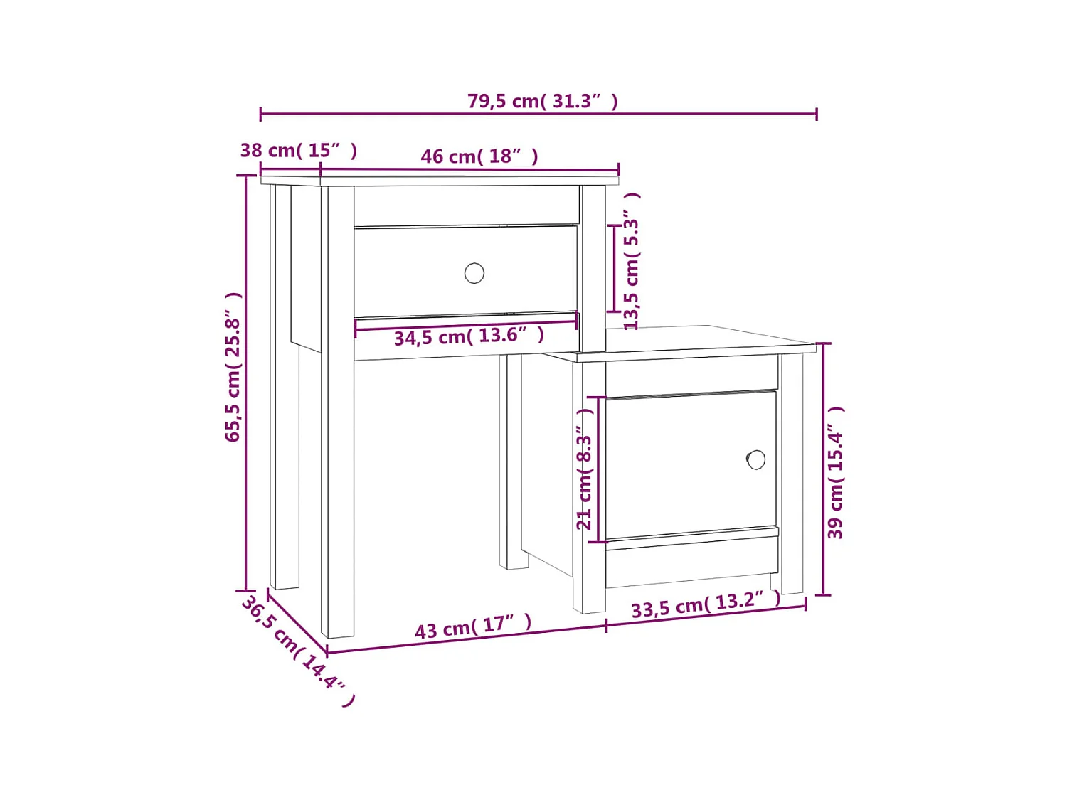 Bailey  Tables de chevet 2 pcs Gris 79,5x38x65,5 cm Bois de pin massif