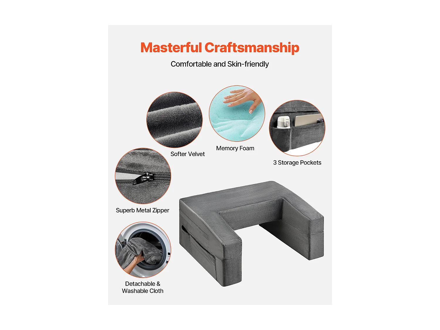 Lesekissen SucceBuy, mit 2 Taschen und Getränkehalter, großes Memory-Schaum-Kissen zum Fernsehen, Ausruhen, grau