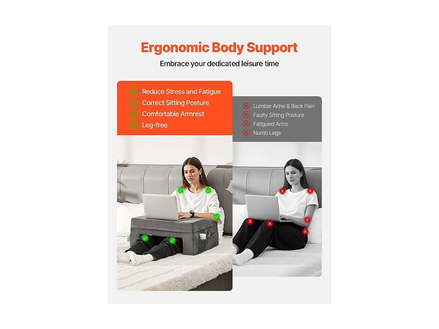 Lesekissen SucceBuy, mit 2 Taschen und Getränkehalter, großes Memory-Schaum-Kissen zum Fernsehen, Ausruhen, grau