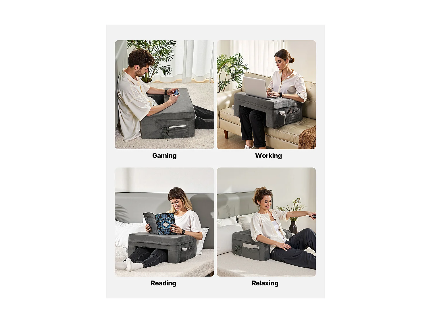 Lesekissen SucceBuy, mit 2 Taschen und Getränkehalter, großes Memory-Schaum-Kissen zum Fernsehen, Ausruhen, grau