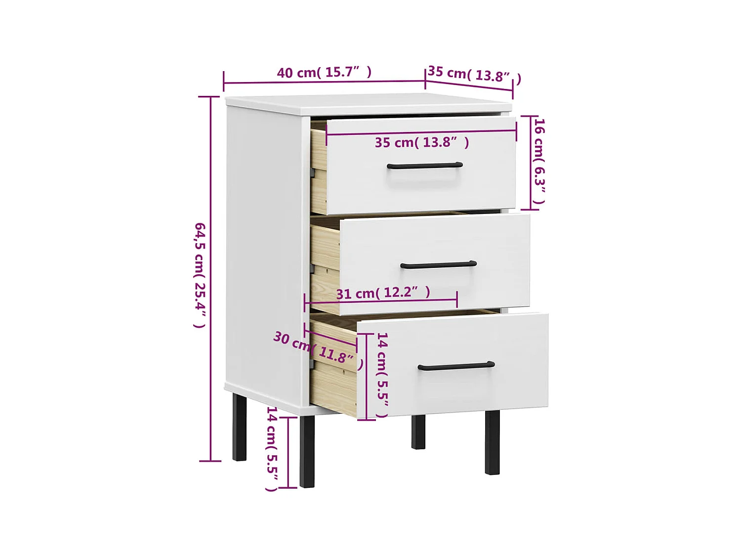 Jeanne-Marie  Table de chevet avec pieds en métal Blanc Bois pin massif OSLO