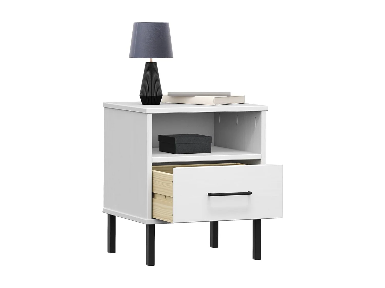 Mjolda  Nachttisch OSLO mit Metallbeinen Weiß Massivholz Kiefer