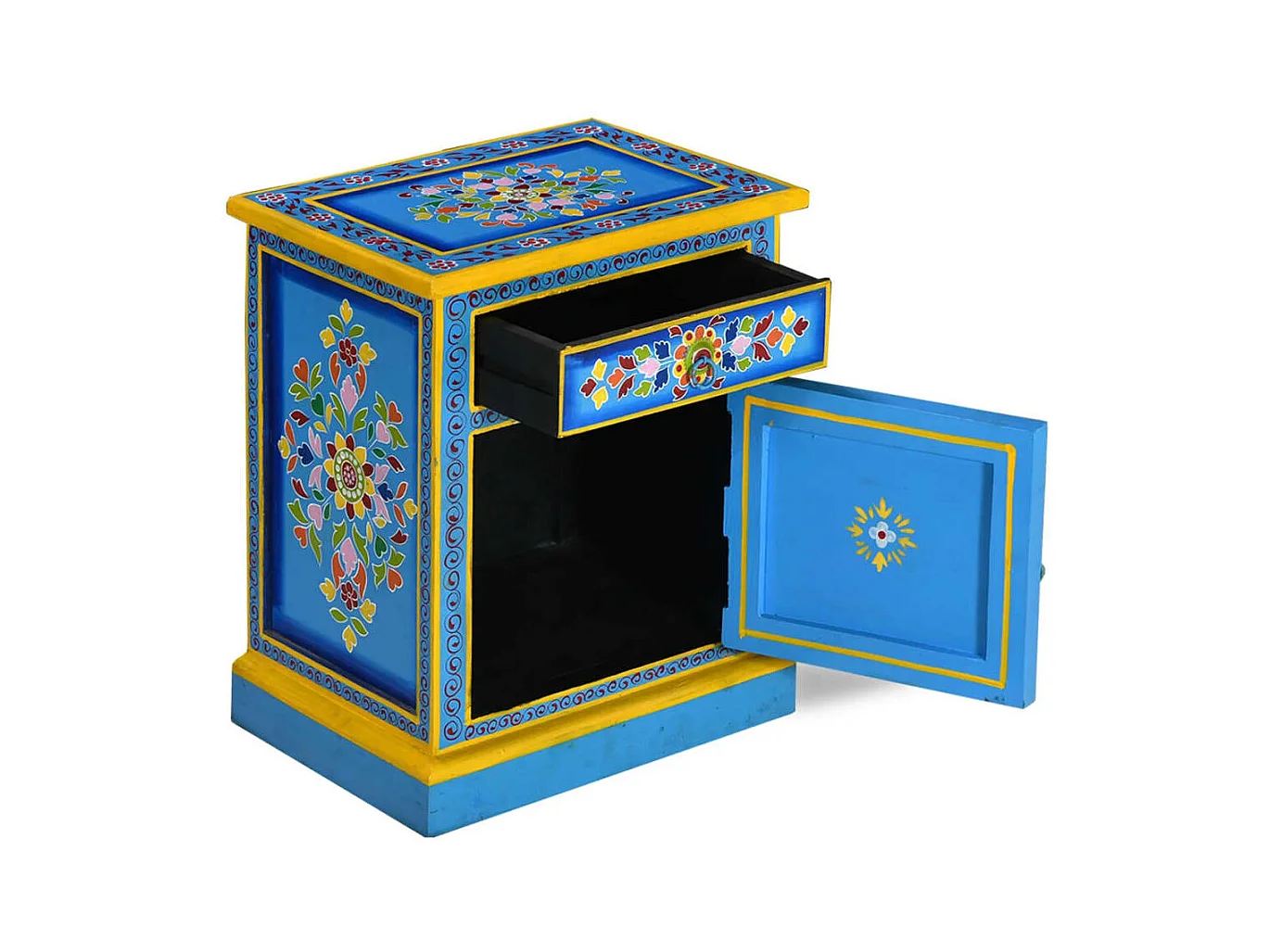 Anne-Françoise-Louise  Table de chevet Bois de manguier Turquoise Peinture à la main