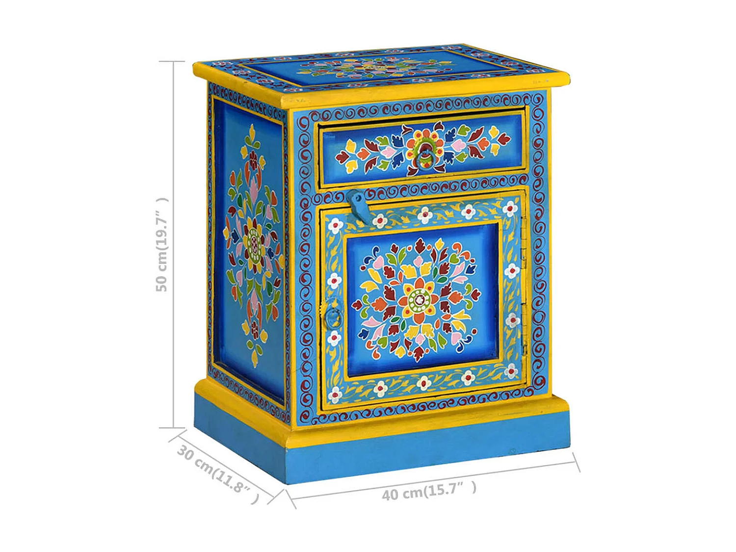 Anne-Françoise-Louise  Table de chevet Bois de manguier Turquoise Peinture à la main