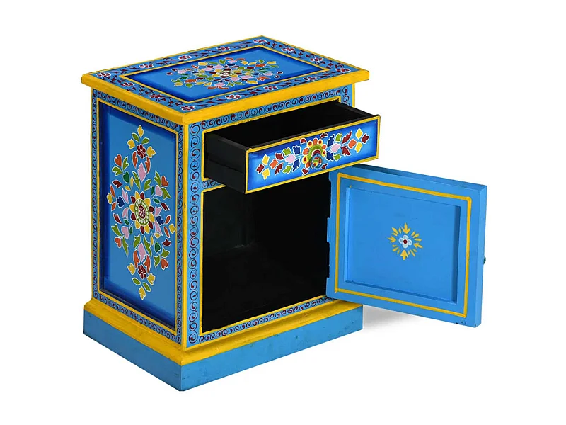 Anne-Françoise-Louise  Mesita de noche madera maciza de mango turquesa pintada a mano