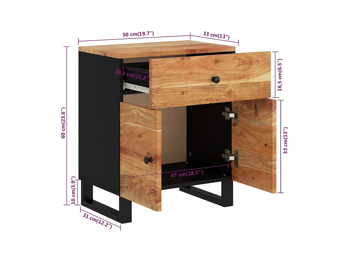 Bondy  Table de chevet 50x33x60cm Bois d'acacia solide et d'ingénierie