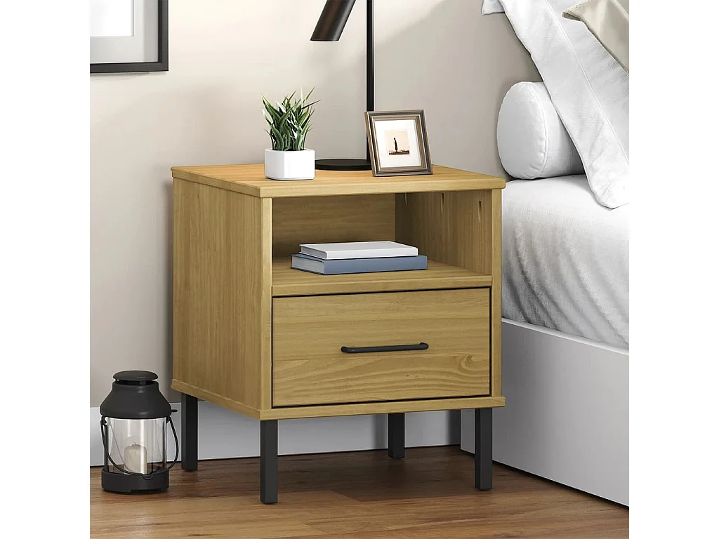 Mjolda  Comodino con Gambe in Metallo Marrone Legno Massello Pino OSLO