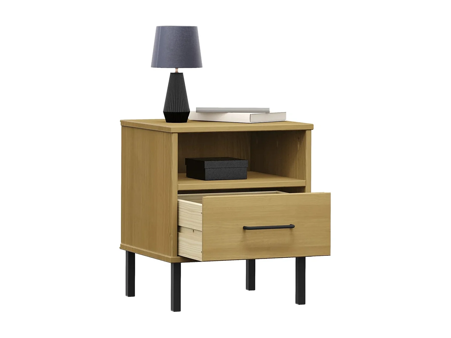 Mjolda  Comodino con Gambe in Metallo Marrone Legno Massello Pino OSLO