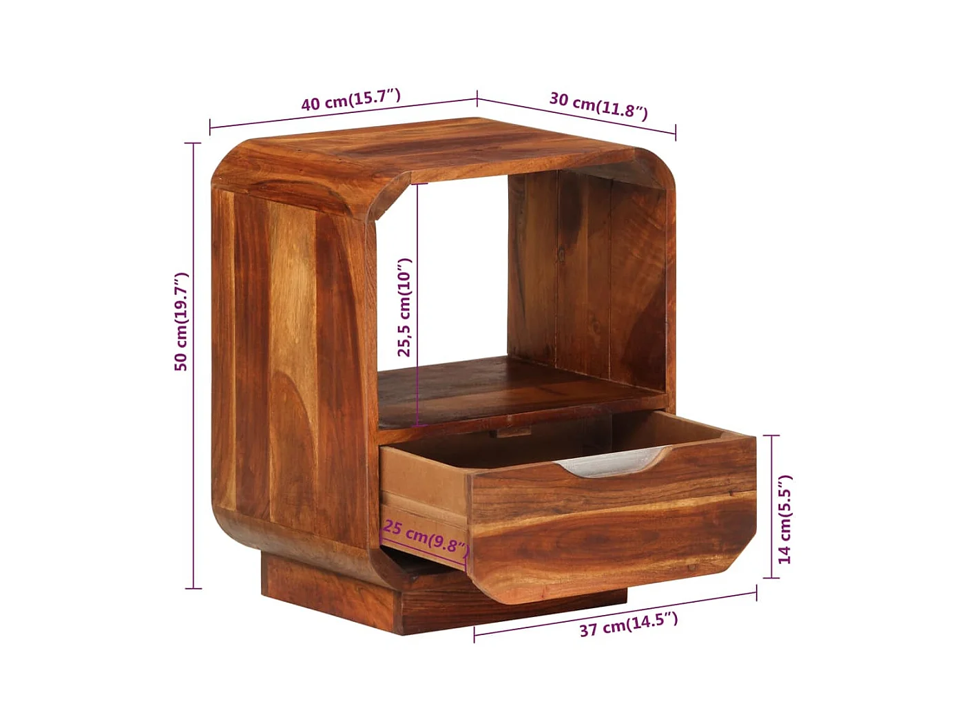 Helindra  Comodino con Cassetto in Legno Massello di Acacia 40x30x50 cm