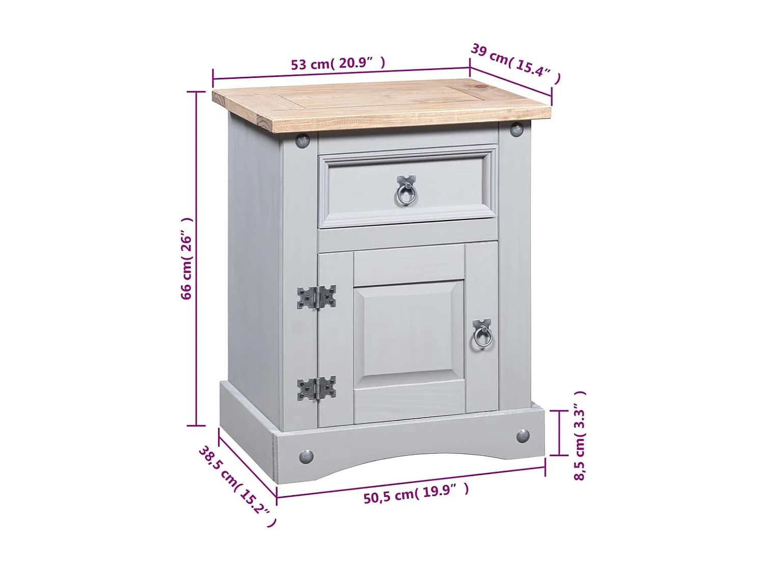 Grindir  Comodino in Legno di Pino Messicano Corona Grigio 53x39x67 cm