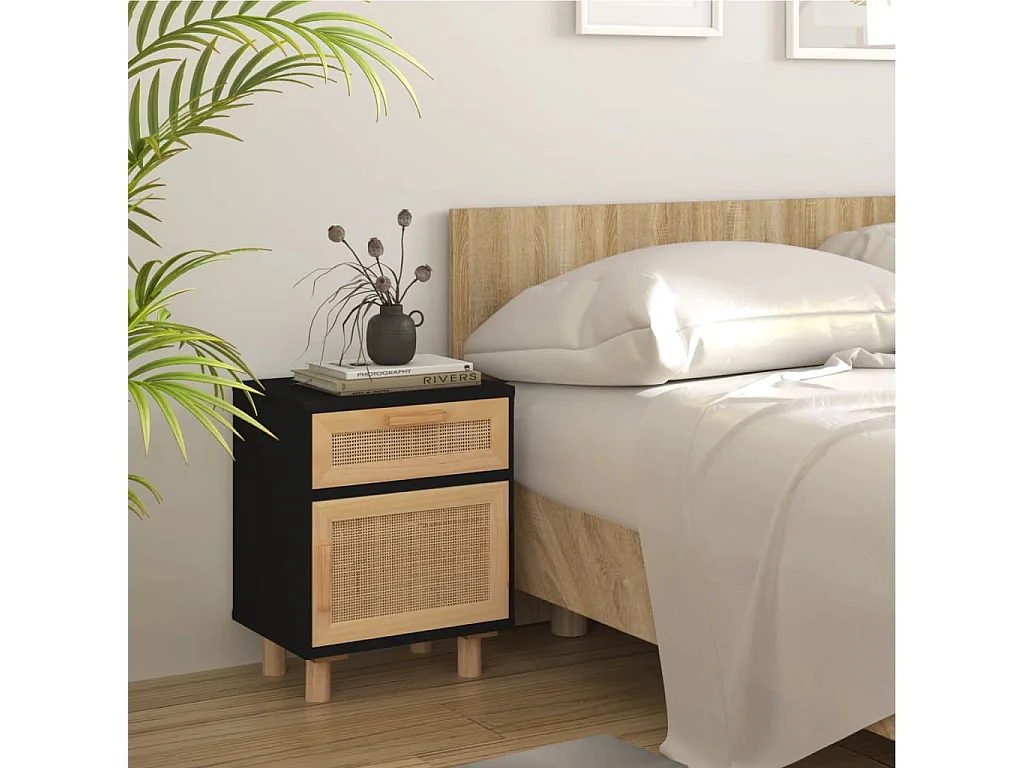 Adrian  Tables de chevet 2 pcs Noir Bois de pin massif et rotin l