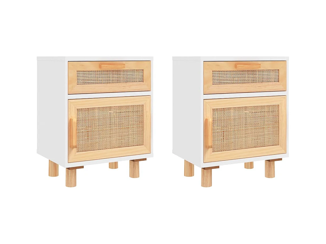 Adrian  Tables de chevet 2pcs Blanc Bois de pin massif et rotin l