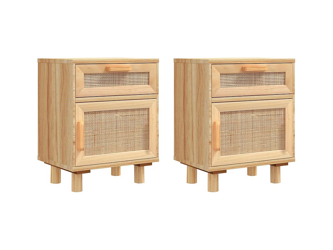 Adrian  Comodini 2 pz Marroni Legno Massello di Pino e Rattan Naturale