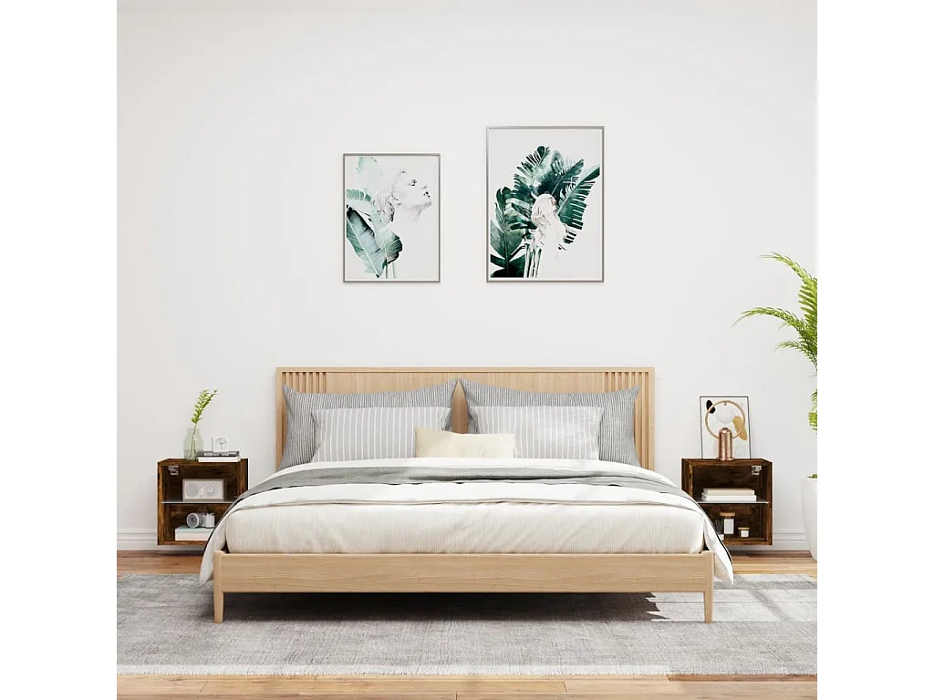 Hans  Comodini con Luci LED a Parete 2pz Rovere Fumo