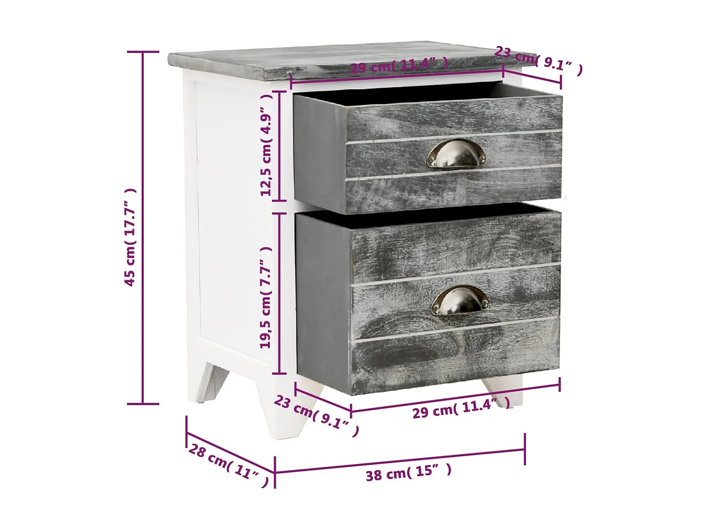 Relor  Comodino Grigio e Bianco 38x28x45 cm in Legno di Paulownia